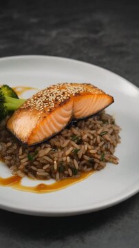 Ofenlachs mit Sesamkruste auf Wildreis und Brokkoli