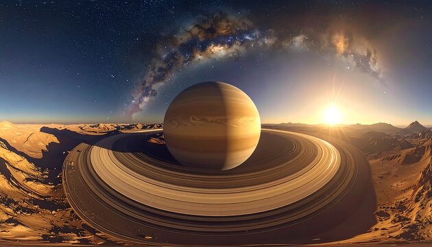 Planet rings surround a vast desert, stars blazing behind. Milky Way visible - Powered by Adobe