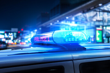 Polizeiauto mit Blaulicht bei Nacht in einer Stadt