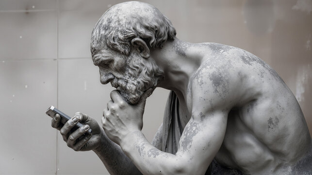 Thinker statue using smartphone highlights modern irony in traditional art context