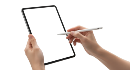 Hand holding tablet and stylus on black background