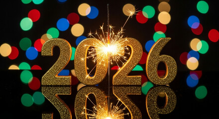 Golden numbers for the year 2026 with a burning sparkler against a festive background of colorful bokeh lights and reflections