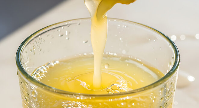 Pouring fresh juice into a glass creating a refreshing and vibrant drink with a golden hue and bubbles