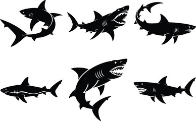 Shark Silhouette Vector Illustration - Marine Animal Underwater Art. Ocean Predator Sea Life, Great White Shark, Shark Fin, Swimming Shark, Dangerous Shark Design. Sea Creature and Marine Life Clipart