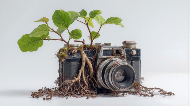Film camera with roots and leaves symbolizes nostalgia and connection to nature