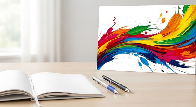 Creative workspace featuring open notebook, writing implements, and vibrant abstract artwork for inspiration and productivity.