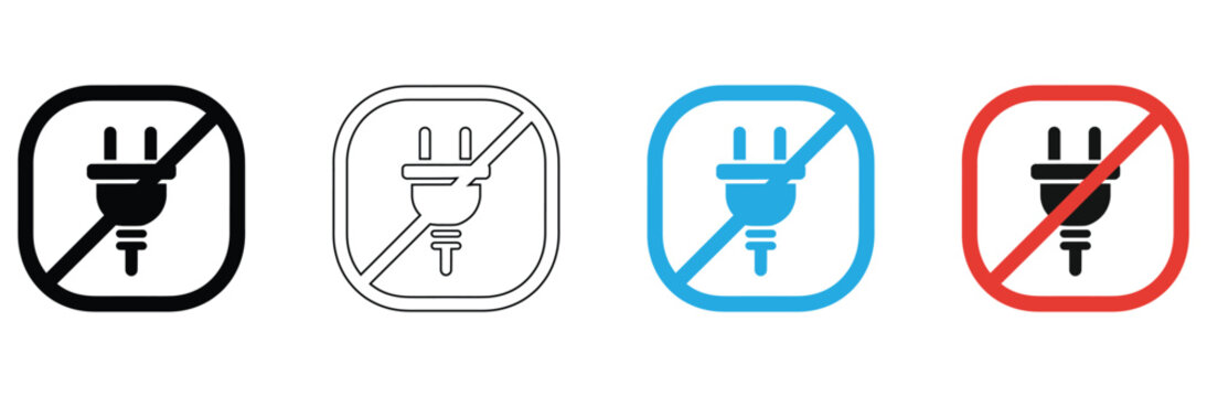 Discover essential prohibition symbols featuring power plug icons in black, outline, blue, and red alert styles for clear communication and safety guidelines.