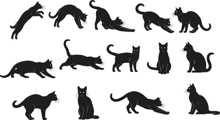 Collection of black cat silhouettes in various poses, playful feline vector design, domestic pet animal illustration, minimalistic modern cat artwork set