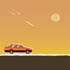 Vector illustration of a red car driving on an open road during a warm sunset