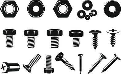 Set of metal screws, bolts, nuts, and washers, realistic black silhouette icons, industrial hardware tools, mechanical fastener collection vector illustration