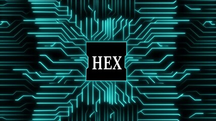 Modern technology backdrop showcasing a glowing blue circuit board layout and the word hex in the center, symbolizing a sophisticated, interconnected digital network - Powered by Adobe