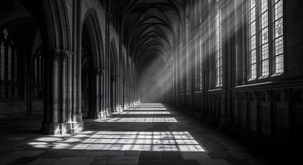 Fototapeta premium Sunlight streams through gothic architecture, illuminating a grand, empty hall with dramatic shadows.