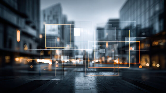 Abstract geometric overlay on a rainy city street at night