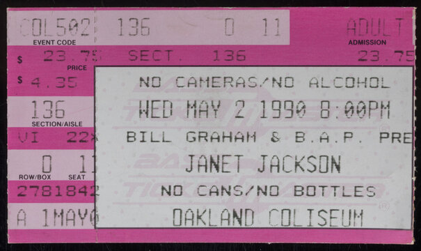 Oakland, California - May 2, 1990 - Old used ticket stub for Janet Jackson concert during The Rhythm Nation World Tour 1990 supporting her album "Rhythm Nation 1814".