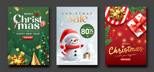 Merry christmas and Happy new year sale, ornaments poster flyer design, three styles collections green white red background