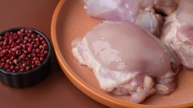 Chicken thigh fillet, skinless and boneless meat for grilling or barbecue. Chicken thigh fillet
