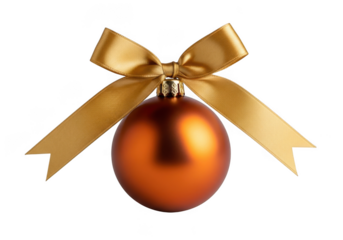 A single copper christmas ornament with a gold ribbon bow, isolated on transparent background