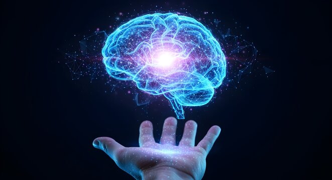Glowing digital brain hologram hovering above an open hand, symbolizing innovation and knowledge.