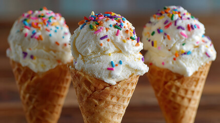 Three vanilla ice cream cones with colorful sprinkles close up