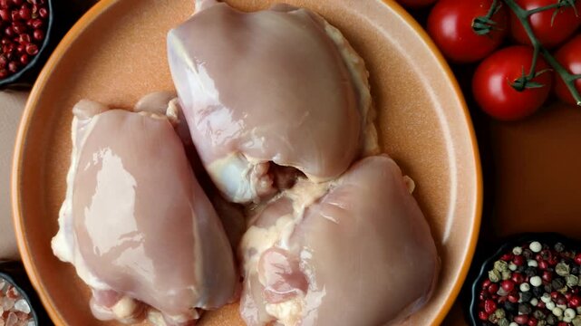 Chicken thigh fillet, skinless and boneless meat for grilling or barbecue. Chicken thigh fillet