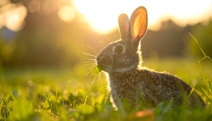Obraz premium Rabbit chews greenery in sunlit grass; warm light shines through ears creating a lovely golden glow