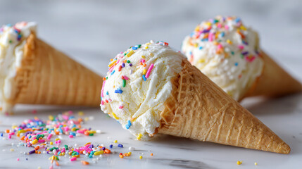 Sweet vanilla ice cream cones with colorful sprinkles