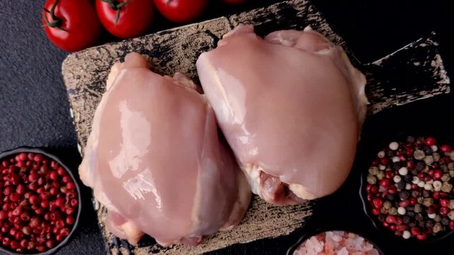 Chicken thigh fillet, skinless and boneless meat for grilling or barbecue. Chicken thigh fillet