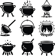 Cauldron Icon Set – Witch Pot, Magic Brew, and Halloween Symbol Collection Boiling Cauldron Icons – Spooky Halloween and Witchcraft Pot Silhouette Set