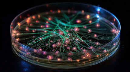 Glowing network of connections inside a transparent sphere