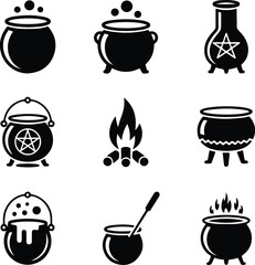 Cauldron Icon Set – Witch Pot, Magic Brew, and Halloween Symbol Collection Boiling Cauldron Icons – Spooky Halloween and Witchcraft Pot Silhouette Set