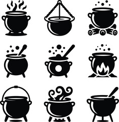 Cauldron Icon Set – Witch Pot, Magic Brew, and Halloween Symbol Collection Boiling Cauldron Icons – Spooky Halloween and Witchcraft Pot Silhouette Set