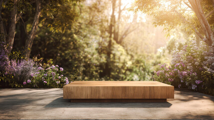 Wooden pedestal in sunlit forest clearing with lush greenery