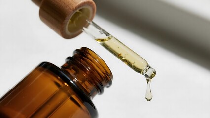 Hemp seed oil dropper, natural wellness serum, amber glass bottle with droplet, white bg for beauty routine marketing and customizable hooks