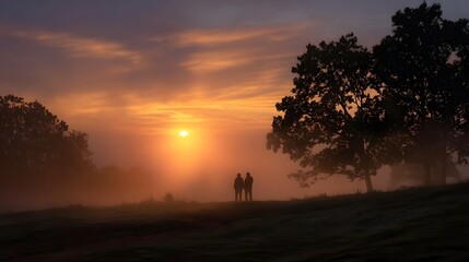A silhouetted couple stands together gazing at the warm glow of a misty sunrise over a tranquil rural landscape evoking peace and wonder