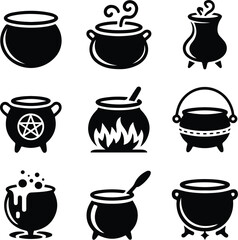 Cauldron Icon Set – Witch Pot, Magic Brew, and Halloween Symbol Collection Boiling Cauldron Icons – Spooky Halloween and Witchcraft Pot Silhouette Set