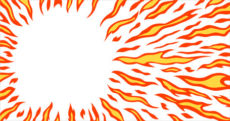Ring Yellow Fire Flame Pattern on White Background. Creative abstract Fiery Frame in Cartoon Anime Style. Vector Fire Texture