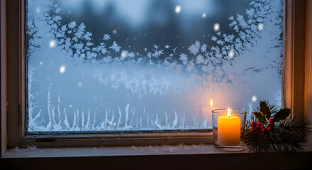 Cozy Winter Window View with Frosted Glass and Burning Candle
