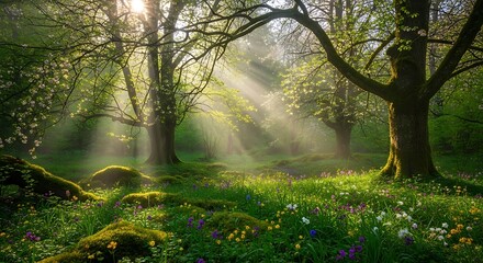 Fototapeta premium Enchanting Forest Sunlight Rays Through Trees.