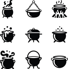Cauldron Icon Set – Witch Pot, Magic Brew, and Halloween Symbol Collection Boiling Cauldron Icons – Spooky Halloween and Witchcraft Pot Silhouette Set