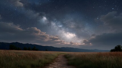 Fototapeta premium A solitary path winds through a grassy field under a dramatic starry sky with the Milky Way visible