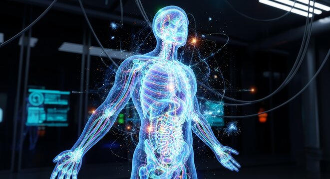 Human anatomy model rendered in digital light, interconnected systems