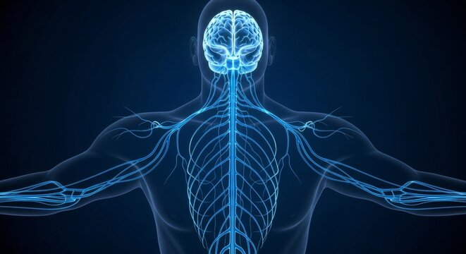Human neural network structure illustration emphasizing brain and spine system
