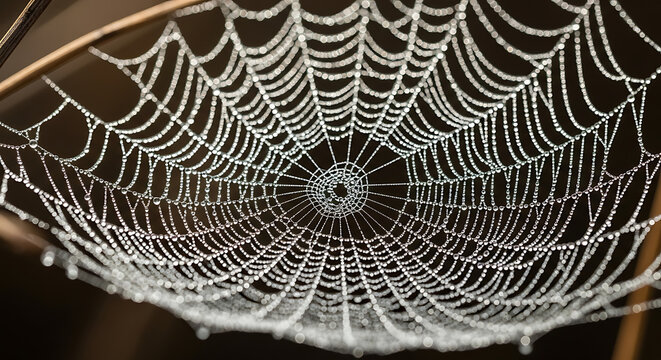 A spiderweb covered in dewdrops against a dark background showing intricate patterns and details of nature