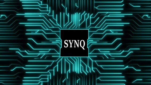 The glowing blue circuit board with the word synq in the center is a modern and futuristic design, perfect for technology, innovation, and digital themes