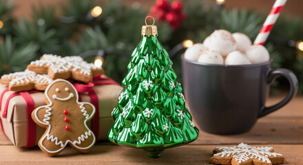 Christmas decorations, festive mood, enjoying hot cocoa, with gingerbread cookies and tree