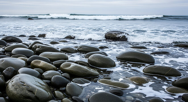 Ocean waves washing over smooth rocks on a cloudy day creating a peaceful coastal landscape view - Powered by Adobe