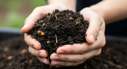Hands holding rich compost soil for gardening and planting.