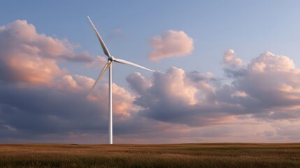 Obraz premium A solitary wind turbine stands in a golden field under a dramatic twilight sky filled with pink tinged clouds