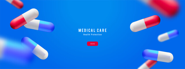 Background with realistic 3d capsules. Medical, pharmacy, healthcare, hospital, clinic, telemedicine, insurance, biotechnology concept. Vector illustration.