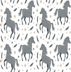 Cute seamless pattern with grey horses and stars in boho style. Pajamas and T-shirt design. Vector illustration zodiac animals on white background




